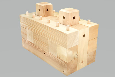Mikro-modulare Holzbausteine mit Buchenholzdübeln für den Massivholz-Rohbau. Quelle: TRIQBRIQ AG